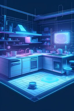 Illustrate a Cybernetic Chef's Workshop, complete with holographic recipe projections and minimalist futuristic furnishings. Clean art line, no shadows, clean details