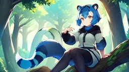 Girl, blue hair, raccoon ears, raccoon tail, raccoon face, forest, sit on tree, raccoon paws on hand, paws on foot