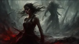 Dark fantasy world, girl, battle, mist, battlefield, Lovecraft's Monster in the background, dark colors, Raymond Swanland & Alyssa Monks & Anna Razumovskaya