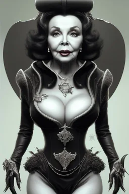 Joan Collins as evil queen in black leather, leather, busty, cleavage, angry, stern look. character design by cory loftis, fenghua zhong, ryohei hase, ismail inceoglu and ruan jia. unreal engine 5, artistic lighting, highly detailed, photorealistic, fantasy