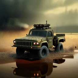 hyperrealistic shot, military toy truck, earth color palette, sharp focus, puddle reflection, tire water splash, refraction, rain on the horizon, shadowcast, detailed and intricate, cinematic composition, micro, tilt shift photography