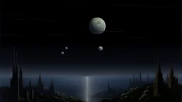 A city in moonlight with dark planets painted by Caspar David Friedrich