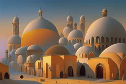 A surreal town with arches and domes, clouds and with long shadows by artist "Berndnaut" and "Leonora Carrington" and "de Chirico" at sunset