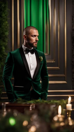 Handsome tough Alpha Male aged 30. buzz-cut hair, stubble on chin, wearing a black tuxedo with a green bow tie. Hyperrealistic 4k dark fantasy