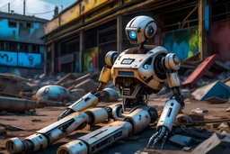 robot body with a female head, hands and feet, next to a spaceship on rough ground, derelict buildings