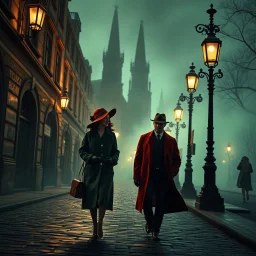 create a cinematic 1930s European street scene, stylish couple walking on cobblestone pavement, woman in a forest green coat with a red hat, man in a crimson overcoat and fedora, glowing ornate street lamps casting dramatic chiaroscuro light, gothic architecture in the misty background, moody film noir atmosphere with green fog --ar 3:2 --v 6.1 --stylize 750