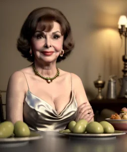 Ultra realistic photographic portrait, happy elegant Gina Lollobrigida woman sitting with arms resting on Italian kitchen table, pretty tortellini dish with olive oil and albahaca, renaissance style decoration, cold, soft color, highly detailed, unreal engine 5, ray tracing, RTX, lumen lighting, ultra detail, volumetric lighting, high definition.