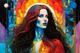 Create chaotic abstract cubist religious triptych depicting a post apocalyptic, Gothpunk Saint Mary Magdalene , with highly detailed facial features, in the style of Bill Sienkiewicz, Philippe Druillet, Gustav Klimt, and Jean Giraud Moebius, precisely drawn, colored and inked