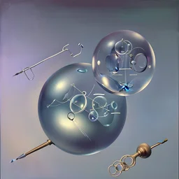 a Soap Bubble including unverse-like complex surgical instruments mixed with musical instruments,Painting By Adrian Ghenie, Rene Magritte, Salvador Dali, Lucian Freud