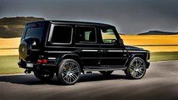 A sleek (((BMW G Wagon))) with a majesticly curved rear, cutting through a (sunny, open countryside) backdrop