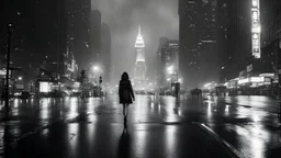 new york late night, tall skyscrapers, girl walking down the street in the rain, photographic, black and white