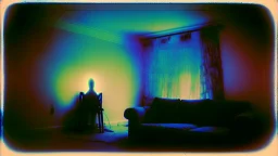 a strange figure in a living room at night polaroid