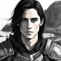 A portrait of Jared Leto in his early 30s, long beachy haircut, black hair, on a rocky island, in ebony armor from Skyrim, melancholic and dangerous facial expression, half-smiling, drawn in the style of ink manga sketch