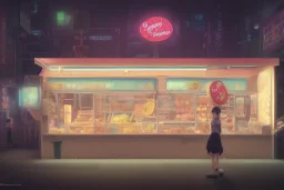 a highly detailed matte painting of a single small building, donut snack bar with take away counter with sign by studio ghibli, makoto shinkai, by artgerm, by wlop, by greg rutkowski, volumetric lighting, cyberpunk, octane render, 4k resolution, trending on artstation, masterpiece