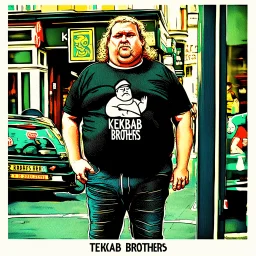 a little fat swedish man standing on a busy street wearing a t-shirt. a kebab brothers t shirt, with a kebab brothers logo