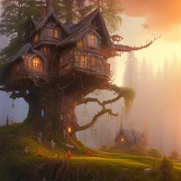 valley, fairytale treehouse village covered,, matte painting, highly detailed, dynamic lighting, cinematic, realism, realistic, photo real, sunset,detailed, high contrast, denoised, centered, michael whelan