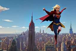 Supergirl flies over New York City carrying a giant Bitcoin of gold