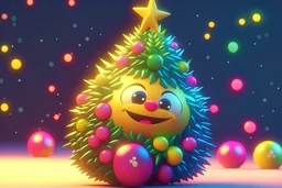 cute angel smiley and Christmas tree with colorful trimmings, star on top of tree, gifts, toys. high resolution, 64k, detail rendering, high quality, fantasy, soft warm lighting, fluffy eyelashes, macro photography, 3D rendering, hyperrealism, hyperesthetic, sharpen, CGI