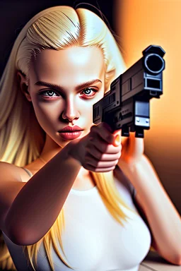 blonde woman with gun, photo realistic, highly detailed, high contrast, extremely sharp detail