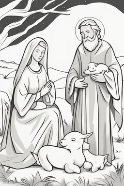 cartoon style, only strokes black white, simple lines, baby Jesus lying in a manger, mary and joseph, barn animals, the 3 wise men, white backgrond, white hair and beard, biblical characters, no grayscale