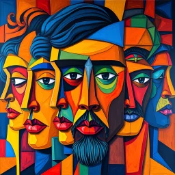 A monumental large-scale oil painting featuring intricate stylized faces seamlessly interwoven with geometric shapes. Vibrant, saturated colors – deep blues, warm oranges, bright yellows, reds, and greens – cover the entire canvas edge-to-edge with no borders. The composition is immersive and dynamic, with overlapping planes and deconstructed features creating a cubist-inspired mosaic. Thick layered brushstrokes, rich textures, and an expansive gallery feel draw the viewer into the artwork. --v