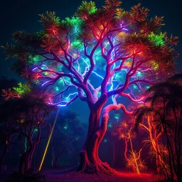 created an image of an extraterrestrial marijoana hyperrealistic, ultra HD, in 8K, The tree is rare and extraña, no one sees what you see in the tree, Tiene rare colors that mix fluorescence and bioluminescence, in all the paleta of colors, its extra colors, its tall filaments of pilosos that parecen cobrar vida. The tree creates an alien forest, illuminated by a warm ray of light. Destaca the extraterrestrial environment and the hojas de la hierba.Style: Hi