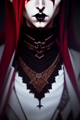 Smirking gothic vampire, waist up portrait, gloomy, 8k resolution, intricate details, ornate details, soft lighting, vibrant colors, retroanime, masterpiece, intricate eyeliner, dark eyeshadow, eyes, intricate tattoos, Medieval background