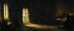 A dark interior by Rembrandt van Rijn, warm light