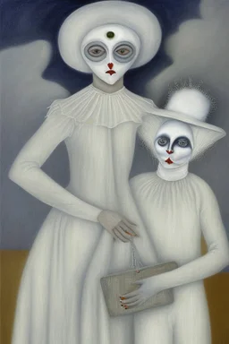 A surreal portrait of a mime painted white in white clothes by artist "Loredana Lollipop" and "Leonora Carrington"