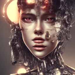wonderfull portrait only woman half face robot rust, long black hair, intricate, sci-fi, cyberpunk, future,