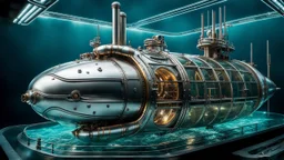 An unique cyber steampunk glass and metal submarine in the ocean, with large of water surrounding it. The submarine bottom positioned in the center of the frame, providing a unique perspective on this streamlined high-techstructure and interior equipment underwater, high detalied, sharp focus, best shot, sci-fi mood