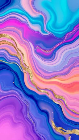 Create a visually striking iPhone wallpaper that blends abstract and natural elements. The scene should feature a vibrant, flowing mix of swirling colors and geometric patterns, with soft gradients transitioning into organic shapes like flowing water or clouds. Incorporate splashes of metallic gold or silver accents that catch the light, creating a dynamic yet serene composition. The overall aesthetic should evoke creativity, calmness, and elegance, with a modern, painterly feel.