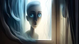 A digital illustration showcasing a surreal scene of a distorted face behind a foggy window, with shadows playing tricks on the viewer