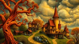 a faraway fairy tale village, orange, yellow, where the trees twisted like gnarled fingers and the skies brooded with stormy clouds, 8k, high quality, trending art, trending on artstation, sharp focus, studio photo, intricate details, highly detailed, by tim burton