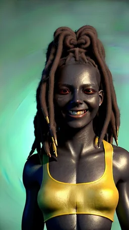 A woman has dark skin, yellow eyes and black dreadlocks. Her face has a slying smile, showing her superiority in the eyes of others. She is dressed in a steel armor with a few pieces of yellow and green fabric sticking out.