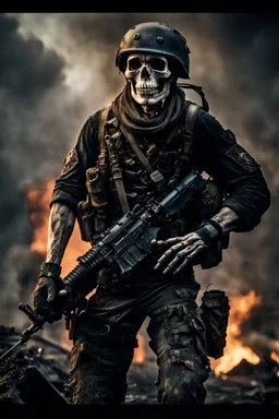 ultra high definition image of an attractive but scary looking skeleton, rising from the ashes, a war veteran, partially humanlike characteristics, army beret and ripped amo wear, very detailed, chaotic background, dramatic close-up action shot of him on a burned out war tanker with a torpedo on shoulder ready to fire and ammo ,gothic and dark theme, 12k