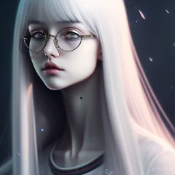 glasses, girl, emotionless face, long white hair, full body, realistic painting, sueter, darkblue tones,