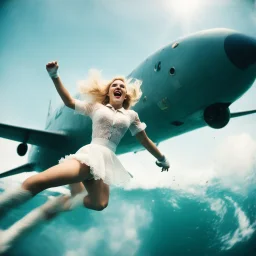 a transparent wave seen from below under the sea [vintage style noisy scratches glitches, Shot the texture and then rewound the film and double exposed] a laughing blonde cheerleader 23-year-old cheerleader, dressed in white lace agent provocateur models, flying in a World War II bomber plane haunted by the spirits of the past,