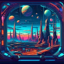 Window Picture view of a fantasy skyline with multiple planets and futuristic cars in a Cyberpunk style