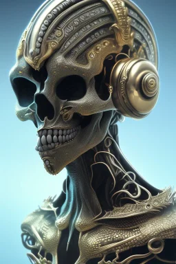 black African alien, cracks in the head, wicked, Asian eyes, crown, blood, 8k, finely detailed, photo realistic, Boris Vallejo style turquoise skull head gold dragon space alien rain skeleton silver helmet silver space suit spaceships