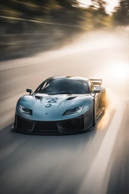 Facing front Sports car drifting around a corner, motion blur, narrow depth of field, lens flare, dynamic angle, asphalt spray, high octane energy