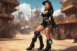 photorealistic exotic sci-fi steampunk slim pin-up girl in black shoes, in a futuristic sci-fi wild west town