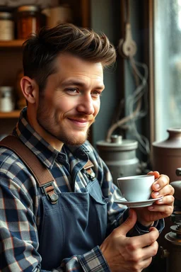 a young mechanic man enjoying high tea by himshelf