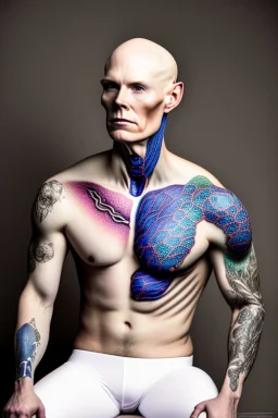 a full body display of a beautiful man with cancer, his skin composed of cancer shaped cells, they cover his entire body like a tattoo, symbolic for wearing his illness on the outside, no hair, in a dramatic pose in a photo studio, he sits with his face slightly hidden as he is shamed, lighting with focus on skin, ultra photo realistic, 32k, highly detailed,. selective colors