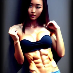 beautiful woman, big bust, 6-pack abs, slim waist, long hair