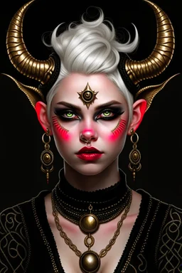 A young tiefling woman with a set of ram horns on her head encrusted with jewels, White-Blonde, short hair, black eyes, no pupils, dressed in black with lots of jewelry, beautiful, satanic tattoos on her neck, she looks evil