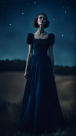 Under a starry dark blue sky woman in long nice vintage dress, dark deep colours, gothic, sharp focus, detalied, cinematic, atmospheric, weird, crepy stunning