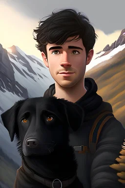 Escape to the mountains, short brown hair guy and cute realistic black dog