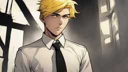 18 year old boy in white shirt black tie short yellow hair serious and handsome DC Comics art in a dark place lighting a lighter