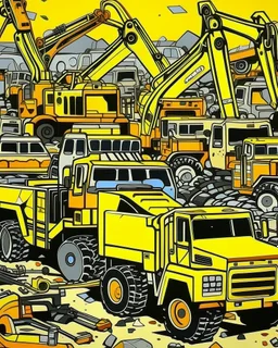 A light orange color junkyard filled with construction vehicles painted by Roy Lichtenstein